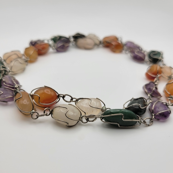 VTG Long Caged Freeform Polished Semi-Precious Gemstones Link Necklace Big Heavy - Picture 2 of 6